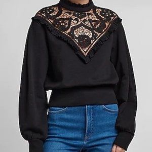 NWT EXPRESS Ruffle Lace Mock Neck Sweatshirt Size: XL Color: Pitch Black